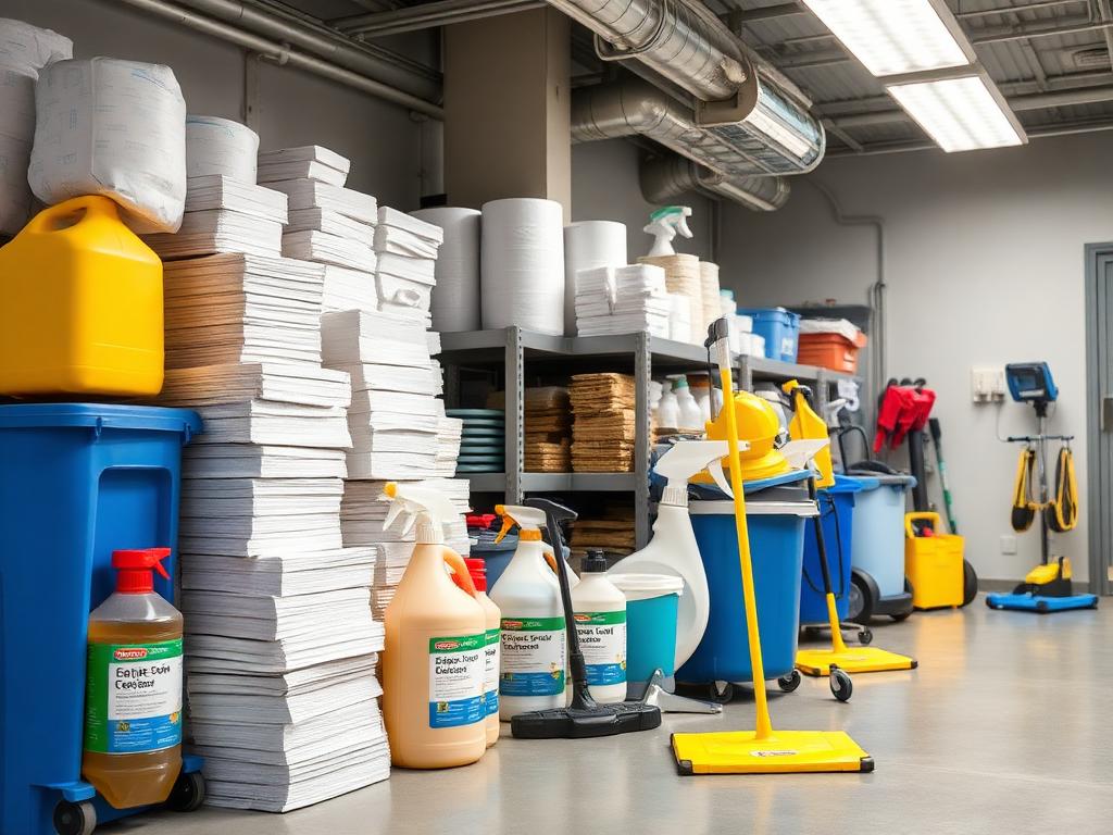 Commercial janitorial supplies staged in a facility storage room