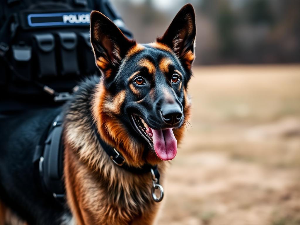 Law enforcement K-9 in a training harness with handler