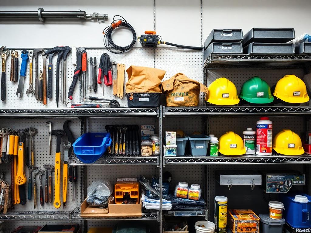 Industrial MRO tools, hardware and safety helmets on shop shelving